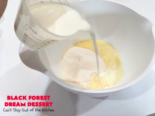 Black Forest Dream Dessert | Can't Stay Out of the Kitchen | this spectacular #dessert has a crust layer with #pecans & #coconut. It also has #cheesecake layer, a #cherrypiefilling layer, a vanilla pudding layer with melted #chocolatechips added, & a top layer with #CoolWhip, #maraschinocherries, #chocolate curls & chopped #pecans. Absolutely divine! #BlackForestDessert #CherryDessert #ChocolateDessert #ValentinesDay #ValentinesDayDessert #ChristmasDessert #CheesecakeDessert