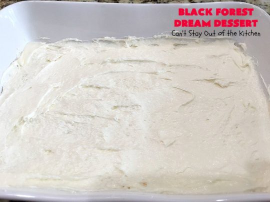 Black Forest Dream Dessert | Can't Stay Out of the Kitchen | this spectacular #dessert has a crust layer with #pecans & #coconut. It also has #cheesecake layer, a #cherrypiefilling layer, a vanilla pudding layer with melted #chocolatechips added, & a top layer with #CoolWhip, #maraschinocherries, #chocolate curls & chopped #pecans. Absolutely divine! #BlackForestDessert #CherryDessert #ChocolateDessert #ValentinesDay #ValentinesDayDessert #ChristmasDessert #CheesecakeDessert
