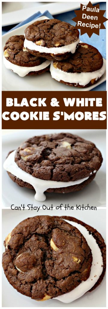 Black and White Cookie S'Mores | Can't Stay Out of the Kitchen | this fantastic #PaulaDeen #recipe includes #chocolate bars, #GrahamCrackers and #WhiteChocolateChips in the #cookie. Each one is put together with #MarshmallowCreme. These are the ultimate in #SmoresCookie! Great for #holiday #baking & #ChristmasCookieExchanges too. #Smores #dessert #SmoresDessert #BlackAndWhiteCookieSMores
