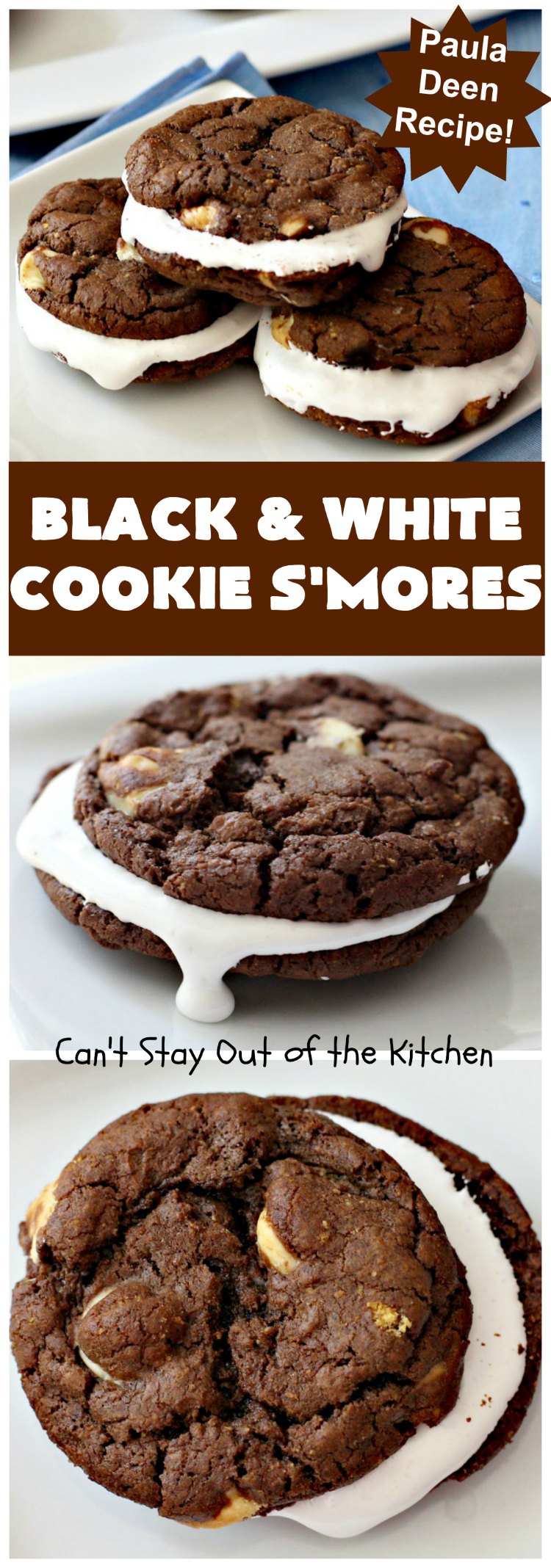Black and White Cookie S'Mores | Can't Stay Out of the Kitchen | this fantastic #PaulaDeen #recipe includes #chocolate bars, #GrahamCrackers and #WhiteChocolateChips in the #cookie. Each one is put together with #MarshmallowCreme. These are the ultimate in #SmoresCookie! Great for #holiday #baking & #ChristmasCookieExchanges too. #Smores #dessert #SmoresDessert #BlackAndWhiteCookieSMores