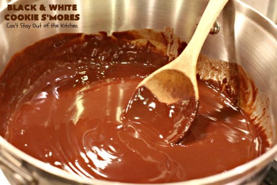 Black and White Cookie S'Mores | Can't Stay Out of the Kitchen | this fantastic #PaulaDeen #recipe includes #chocolate bars, #GrahamCrackers and #WhiteChocolateChips in the #cookie. Each one is put together with #MarshmallowCreme. These are the ultimate in #SmoresCookie! Great for #holiday #baking & #ChristmasCookieExchanges too. #Smores #dessert #SmoresDessert #BlackAndWhiteCookieSMores