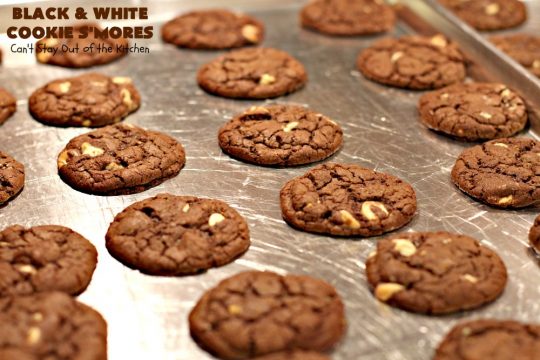 Black and White Cookie S'Mores | Can't Stay Out of the Kitchen | this fantastic #PaulaDeen #recipe includes #chocolate bars, #GrahamCrackers and #WhiteChocolateChips in the #cookie. Each one is put together with #MarshmallowCreme. These are the ultimate in #SmoresCookie! Great for #holiday #baking & #ChristmasCookieExchanges too. #Smores #dessert #SmoresDessert #BlackAndWhiteCookieSMores
