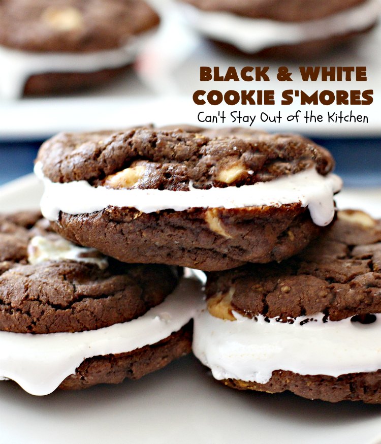 Black and White Cookie S'Mores | Can't Stay Out of the Kitchen | this fantastic #PaulaDeen #recipe includes #chocolate bars, #GrahamCrackers and #WhiteChocolateChips in the #cookie. Each one is put together with #MarshmallowCreme. These are the ultimate in #SmoresCookie! Great for #holiday #baking & #ChristmasCookieExchanges too. #Smores #dessert #SmoresDessert #BlackAndWhiteCookieSMores