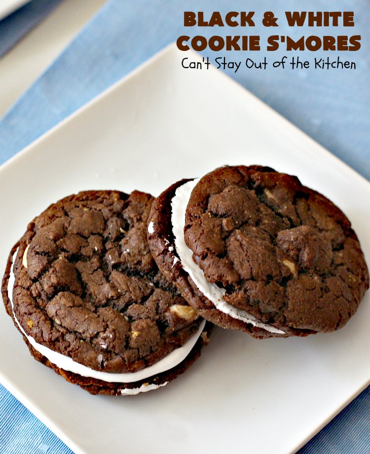 Black and White Cookie S'Mores | Can't Stay Out of the Kitchen | this fantastic #PaulaDeen #recipe includes #chocolate bars, #GrahamCrackers and #WhiteChocolateChips in the #cookie. Each one is put together with #MarshmallowCreme. These are the ultimate in #SmoresCookie! Great for #holiday #baking & #ChristmasCookieExchanges too. #Smores #dessert #SmoresDessert #BlackAndWhiteCookieSMores