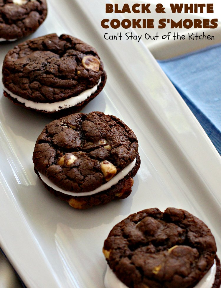Black and White Cookie S'Mores | Can't Stay Out of the Kitchen | this fantastic #PaulaDeen #recipe includes #chocolate bars, #GrahamCrackers and #WhiteChocolateChips in the #cookie. Each one is put together with #MarshmallowCreme. These are the ultimate in #SmoresCookie! Great for #holiday #baking & #ChristmasCookieExchanges too. #Smores #dessert #SmoresDessert #BlackAndWhiteCookieSMores