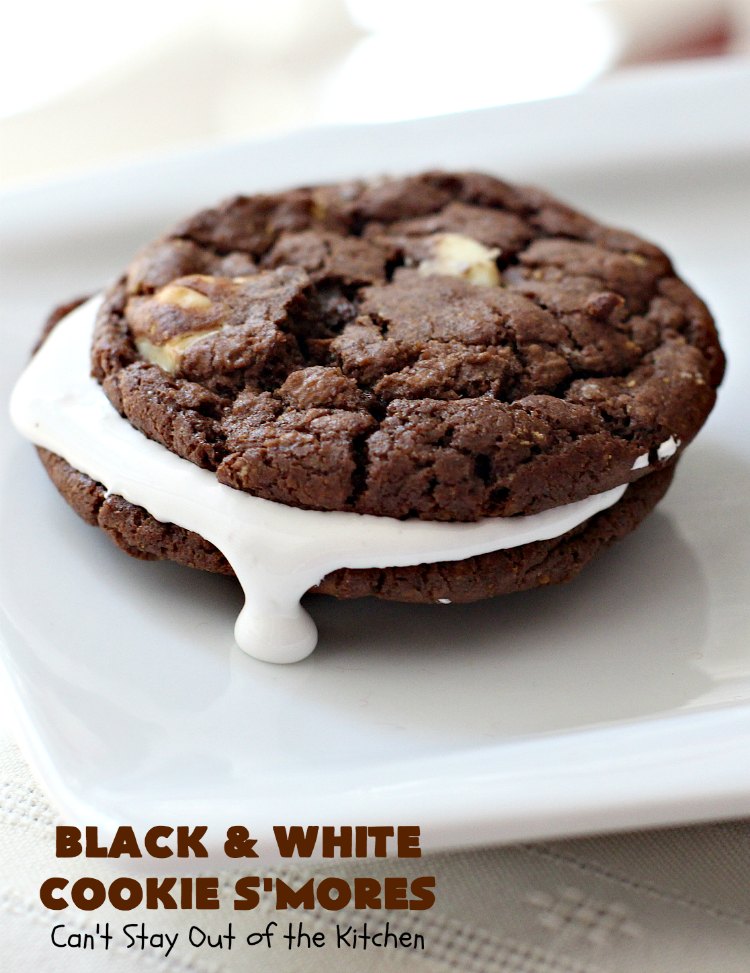 Black and White Cookie S'Mores | Can't Stay Out of the Kitchen | this fantastic #PaulaDeen #recipe includes #chocolate bars, #GrahamCrackers and #WhiteChocolateChips in the #cookie. Each one is put together with #MarshmallowCreme. These are the ultimate in #SmoresCookie! Great for #holiday #baking & #ChristmasCookieExchanges too. #Smores #dessert #SmoresDessert #BlackAndWhiteCookieSMores