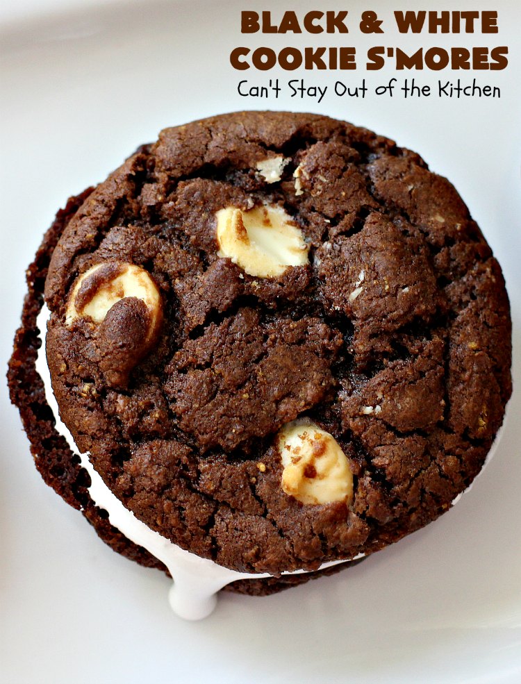 Black and White Cookie S'Mores | Can't Stay Out of the Kitchen | this fantastic #PaulaDeen #recipe includes #chocolate bars, #GrahamCrackers and #WhiteChocolateChips in the #cookie. Each one is put together with #MarshmallowCreme. These are the ultimate in #SmoresCookie! Great for #holiday #baking & #ChristmasCookieExchanges too. #Smores #dessert #SmoresDessert #BlackAndWhiteCookieSMores