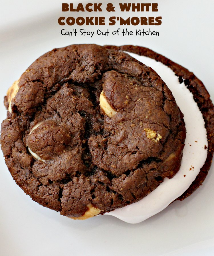 Black and White Cookie S'Mores | Can't Stay Out of the Kitchen | this fantastic #PaulaDeen #recipe includes #chocolate bars, #GrahamCrackers and #WhiteChocolateChips in the #cookie. Each one is put together with #MarshmallowCreme. These are the ultimate in #SmoresCookie! Great for #holiday #baking & #ChristmasCookieExchanges too. #Smores #dessert #SmoresDessert #BlackAndWhiteCookieSMores