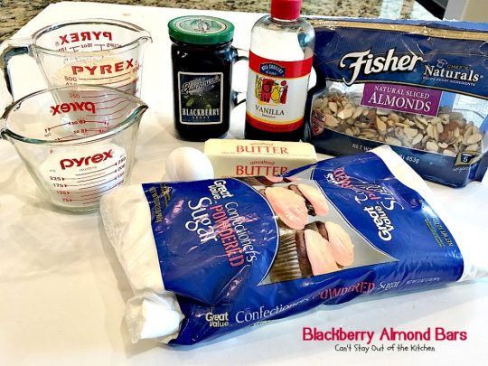 Blackberry Almond Bars | Can't Stay Out of the Kitchen | Your family will rave over these ooey, gooey delicious #dessert bars. The shortbread crust is topped with #blackberry filling and sliced #almonds. Delightful for #holiday baking. #cookie