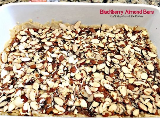 Blackberry Almond Bars | Can't Stay Out of the Kitchen | Your family will rave over these ooey, gooey delicious #dessert bars. The shortbread crust is topped with #blackberry filling and sliced #almonds. Delightful for #holiday baking. #cookie