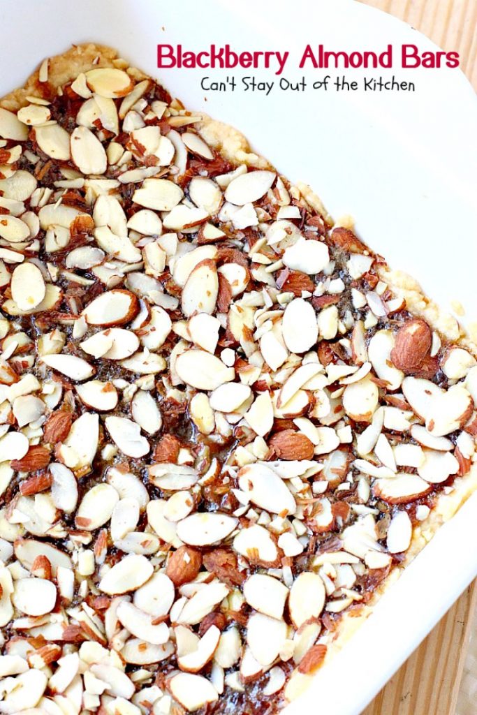 Blackberry Almond Bars | Can't Stay Out of the Kitchen | Your family will rave over these ooey, gooey delicious #dessert bars. The shortbread crust is topped with #blackberry filling and sliced #almonds. Delightful for #holiday baking. #cookie