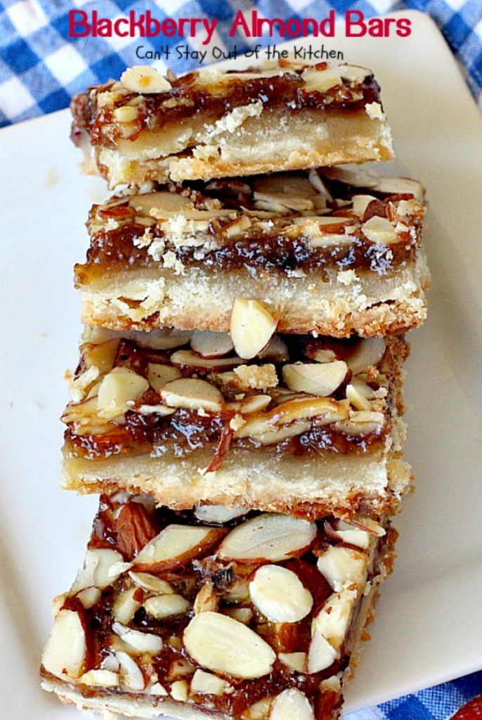 Blackberry Almond Bars | Can't Stay Out of the Kitchen | Your family will rave over these ooey, gooey delicious #dessert bars. The shortbread crust is topped with #blackberry filling and sliced #almonds. Delightful for #holiday baking. #cookie
