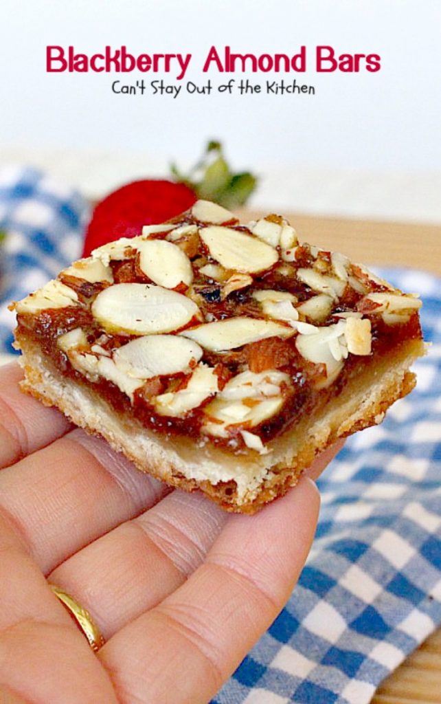 Blackberry Almond Bars | Can't Stay Out of the Kitchen | Your family will rave over these ooey, gooey delicious #dessert bars. The shortbread crust is topped with #blackberry filling and sliced #almonds. Delightful for #holiday baking. #cookie