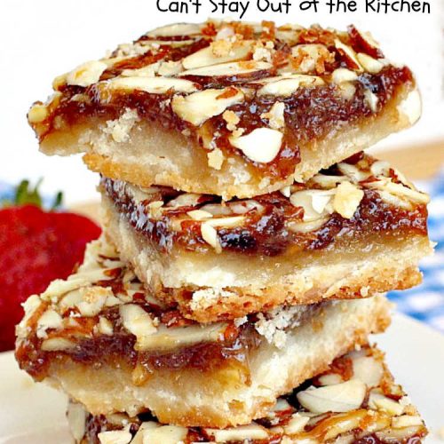 Blackberry Almond Bars | Can't Stay Out of the Kitchen | Your family will rave over these ooey, gooey delicious #dessert bars. The shortbread crust is topped with #blackberry filling and sliced #almonds. They're absolutely divine! Delightful for #tailgating parties, potlucks, backyard BBQs & #holiday baking. # #BlackberryDessert #BlackberryAlmondBars