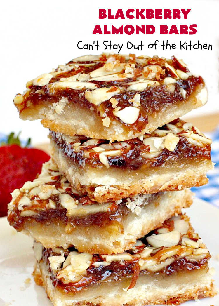Blackberry Almond Bars | Can't Stay Out of the Kitchen | Your family will rave over these ooey, gooey delicious #dessert bars. The shortbread crust is topped with #blackberry filling and sliced #almonds. They're absolutely divine! Delightful for #tailgating parties, potlucks, backyard BBQs & #holiday baking. # #BlackberryDessert #BlackberryAlmondBars