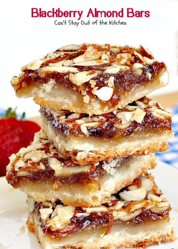Blackberry Almond Bars | Can't Stay Out of the Kitchen | Your family will rave over these ooey, gooey delicious #dessert bars. The shortbread crust is topped with #blackberry filling and sliced #almonds. Delightful for #holiday baking. #cookie