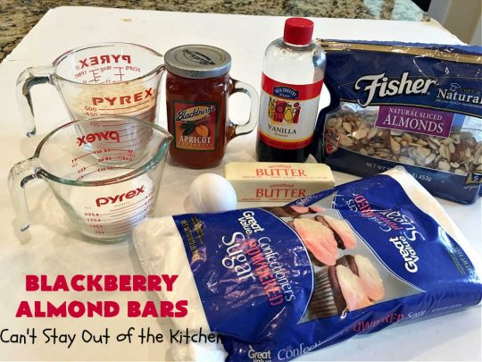 Blackberry Almond Bars | Can't Stay Out of the Kitchen | Your family will rave over these ooey, gooey delicious #dessert bars. The shortbread crust is topped with #blackberry filling and sliced #almonds. They're absolutely divine! Delightful for #tailgating parties, potlucks, backyard BBQs & #holiday baking. # #BlackberryDessert #BlackberryAlmondBars