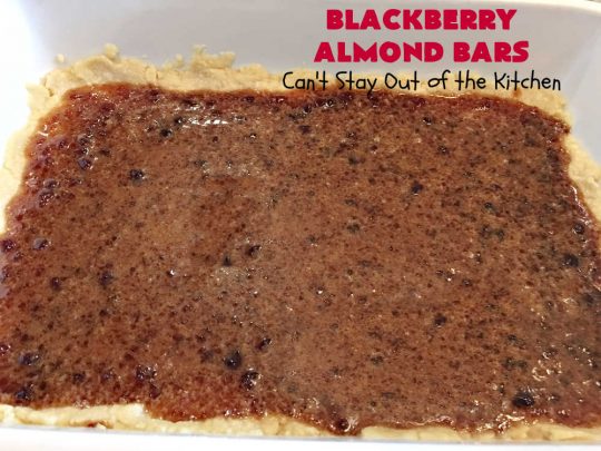 Blackberry Almond Bars | Can't Stay Out of the Kitchen | Your family will rave over these ooey, gooey delicious #dessert bars. The shortbread crust is topped with #blackberry filling and sliced #almonds. They're absolutely divine! Delightful for #tailgating parties, potlucks, backyard BBQs & #holiday baking. # #BlackberryDessert #BlackberryAlmondBars