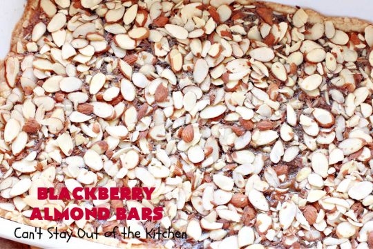 Blackberry Almond Bars | Can't Stay Out of the Kitchen | Your family will rave over these ooey, gooey delicious #dessert bars. The shortbread crust is topped with #blackberry filling and sliced #almonds. They're absolutely divine! Delightful for #tailgating parties, potlucks, backyard BBQs & #holiday baking. # #BlackberryDessert #BlackberryAlmondBars