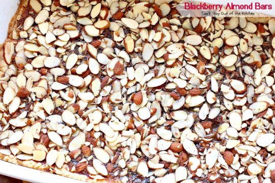 Blackberry Almond Bars | Can't Stay Out of the Kitchen | Your family will rave over these ooey, gooey delicious #dessert bars. The shortbread crust is topped with #blackberry filling and sliced #almonds. Delightful for #holiday baking. #cookie
