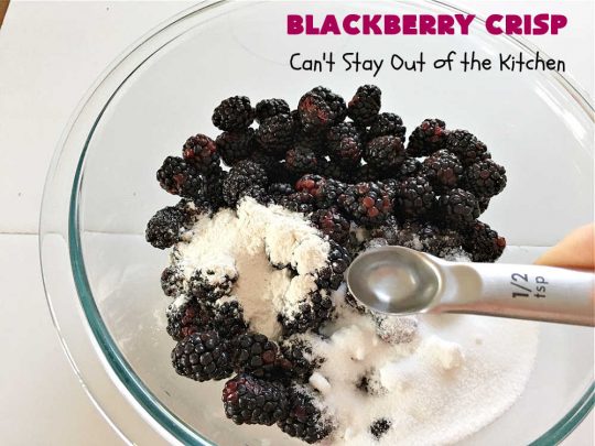 Blackberry Crisp | Can't Stay Out of the Kitchen | This #dessert is absolutely mouthwatering. It's terrific as a #summer #dessert, but #blackberries can be purchased year round now so it's great for any kind of #holiday, company or #potluck #dessert. #HolidayDessert #BlackberryDessert #BlackberryCrisp