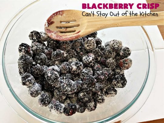 Blackberry Crisp | Can't Stay Out of the Kitchen | This #dessert is absolutely mouthwatering. It's terrific as a #summer #dessert, but #blackberries can be purchased year round now so it's great for any kind of #holiday, company or #potluck #dessert. #HolidayDessert #BlackberryDessert #BlackberryCrisp