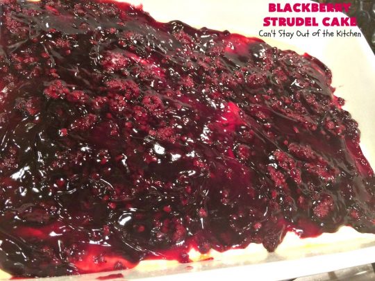 Blackberry Strudel Cake | Can't Stay Out of the Kitchen | this rich, decadent #cake is scrumptious & heavenly! It's perfect for either a #holiday #breakfast or for #dessert. It uses #BlackberryPieFilling in the middle, a streusel topping & icing with #almond extract. Tastes like eating #BlackberryStrudel but so much easier! #coffeecake #BlackberryCoffeecake #BlackberryCake #Brunch #HolidayBreakfast #BlackberryDessert #BlackberryStrudelCake