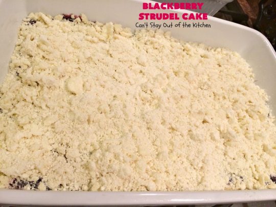 Blackberry Strudel Cake | Can't Stay Out of the Kitchen | this rich, decadent #cake is scrumptious & heavenly! It's perfect for either a #holiday #breakfast or for #dessert. It uses #BlackberryPieFilling in the middle, a streusel topping & icing with #almond extract. Tastes like eating #BlackberryStrudel but so much easier! #coffeecake #BlackberryCoffeecake #BlackberryCake #Brunch #HolidayBreakfast #BlackberryDessert #BlackberryStrudelCake
