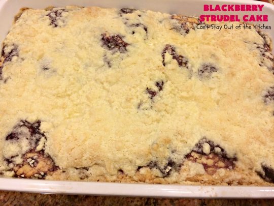 Blackberry Strudel Cake | Can't Stay Out of the Kitchen | this rich, decadent #cake is scrumptious & heavenly! It's perfect for either a #holiday #breakfast or for #dessert. It uses #BlackberryPieFilling in the middle, a streusel topping & icing with #almond extract. Tastes like eating #BlackberryStrudel but so much easier! #coffeecake #BlackberryCoffeecake #BlackberryCake #Brunch #HolidayBreakfast #BlackberryDessert #BlackberryStrudelCake