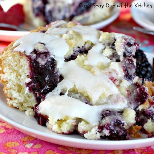 Blackberry Strudel Cake | Can't Stay Out of the Kitchen | this rich, decadent #cake is scrumptious & heavenly! It's perfect for either a #holiday #breakfast or for #dessert. It uses #BlackberryPieFilling in the middle, a streusel topping & icing with #almond extract. Tastes like eating #BlackberryStrudel but so much easier! #coffeecake #BlackberryCoffeecake #BlackberryCake #Brunch #HolidayBreakfast #BlackberryDessert #BlackberryStrudelCake