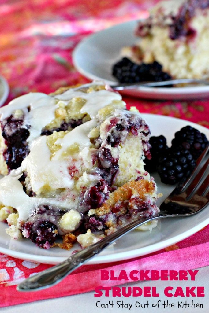 Blackberry Strudel Cake | Can't Stay Out of the Kitchen | this rich, decadent #cake is scrumptious & heavenly! It's perfect for either a #holiday #breakfast or for #dessert. It uses #BlackberryPieFilling in the middle, a streusel topping & icing with #almond extract. Tastes like eating #BlackberryStrudel but so much easier! #coffeecake #BlackberryCoffeecake #BlackberryCake #Brunch #HolidayBreakfast #BlackberryDessert #BlackberryStrudelCake