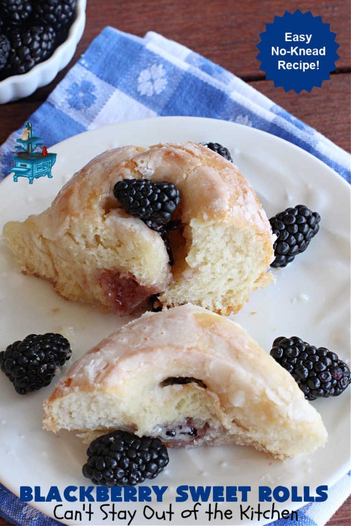 Blackberry Sweet Rolls | Can't Stay Out of the Kitchen | these luscious #SweetRolls are awesome! They're filled with #blackberries & glazed with a heavenly #ButtercreamIcing. Every bite will rock your world! Terrific for a weekend, company or #holiday #breakfast like #Thanksgiving or #Christmas. Plus, these are kneaded in the #breadmaker so they're so much easier than many #CinnamonRoll #recipes. #BlackberrySweetRolls