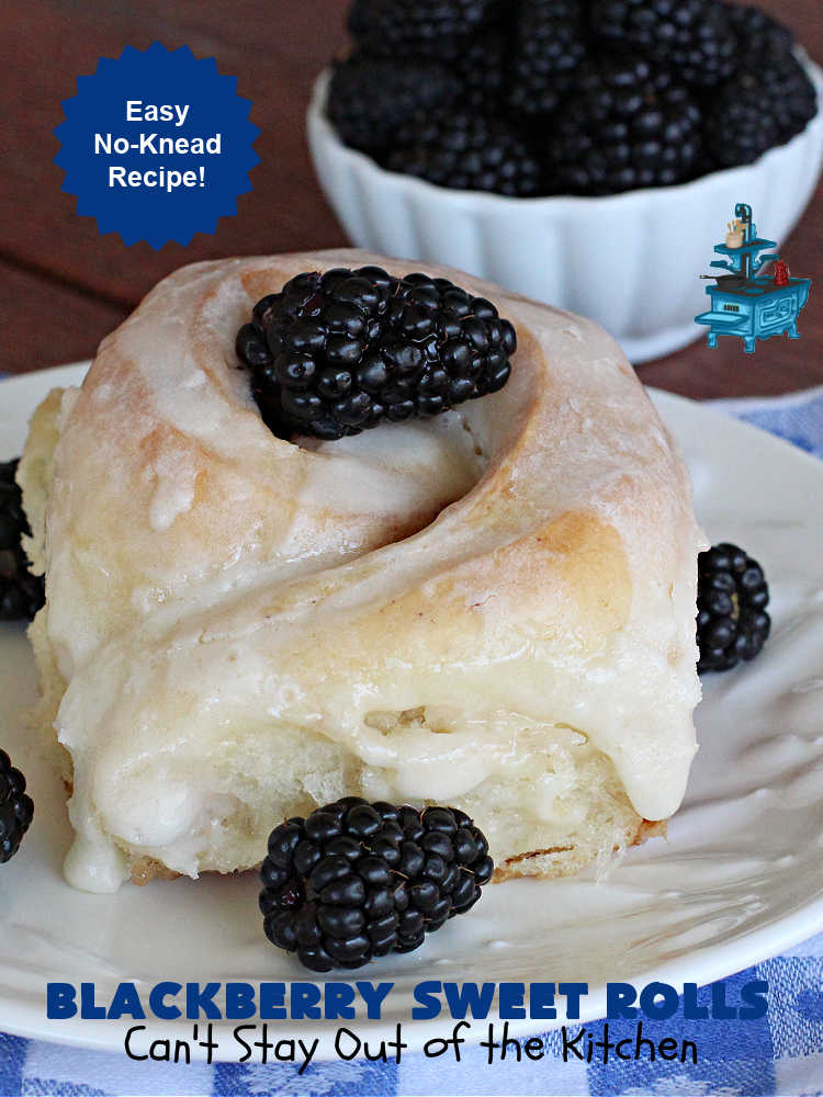 Blackberry Sweet Rolls | Can't Stay Out of the Kitchen | these luscious #SweetRolls are awesome! They're filled with #blackberries & glazed with a heavenly #ButtercreamIcing. Every bite will rock your world! Terrific for a weekend, company or #holiday #breakfast like #Thanksgiving or #Christmas. Plus, these are kneaded in the #breadmaker so they're so much easier than many #CinnamonRoll #recipes. #BlackberrySweetRolls