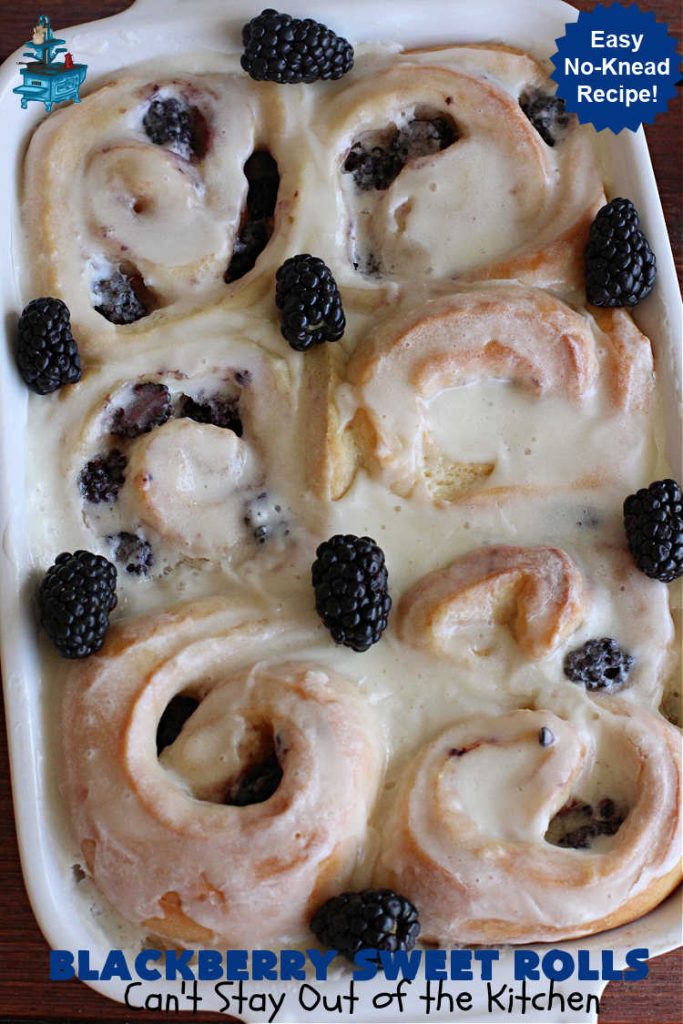 Blackberry Sweet Rolls | Can't Stay Out of the Kitchen | these luscious #SweetRolls are awesome! They're filled with #blackberries & glazed with a heavenly #ButtercreamIcing. Every bite will rock your world! Terrific for a weekend, company or #holiday #breakfast like #Thanksgiving or #Christmas. Plus, these are kneaded in the #breadmaker so they're so much easier than many #CinnamonRoll #recipes. #BlackberrySweetRolls