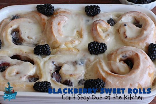 Blackberry Sweet Rolls | Can't Stay Out of the Kitchen | these luscious #SweetRolls are awesome! They're filled with #blackberries & glazed with a heavenly #ButtercreamIcing. Every bite will rock your world! Terrific for a weekend, company or #holiday #breakfast like #Thanksgiving or #Christmas. Plus, these are kneaded in the #breadmaker so they're so much easier than many #CinnamonRoll #recipes. #BlackberrySweetRolls