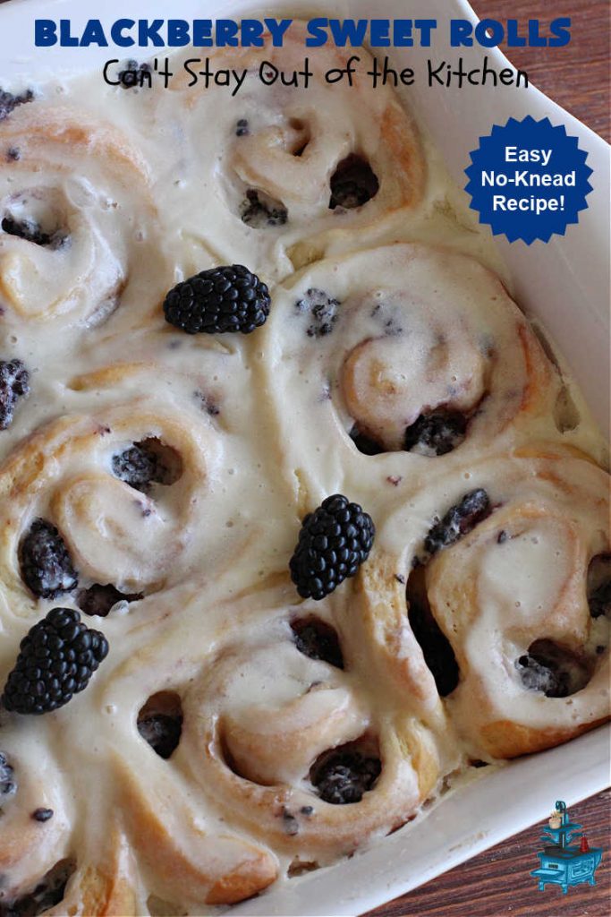 Blackberry Sweet Rolls | Can't Stay Out of the Kitchen | these luscious #SweetRolls are awesome! They're filled with #blackberries & glazed with a heavenly #ButtercreamIcing. Every bite will rock your world! Terrific for a weekend, company or #holiday #breakfast like #Thanksgiving or #Christmas. Plus, these are kneaded in the #breadmaker so they're so much easier than many #CinnamonRoll #recipes. #BlackberrySweetRolls