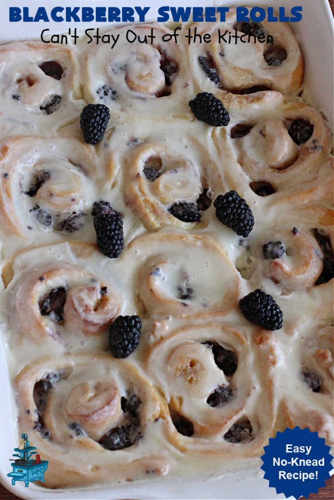 Blackberry Sweet Rolls | Can't Stay Out of the Kitchen | these luscious #SweetRolls are awesome! They're filled with #blackberries & glazed with a heavenly #ButtercreamIcing. Every bite will rock your world! Terrific for a weekend, company or #holiday #breakfast like #Thanksgiving or #Christmas. Plus, these are kneaded in the #breadmaker so they're so much easier than many #CinnamonRoll #recipes. #BlackberrySweetRolls