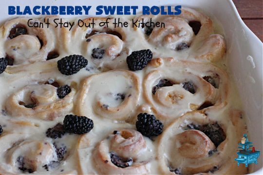 Blackberry Sweet Rolls | Can't Stay Out of the Kitchen | these luscious #SweetRolls are awesome! They're filled with #blackberries & glazed with a heavenly #ButtercreamIcing. Every bite will rock your world! Terrific for a weekend, company or #holiday #breakfast like #Thanksgiving or #Christmas. Plus, these are kneaded in the #breadmaker so they're so much easier than many #CinnamonRoll #recipes. #BlackberrySweetRolls