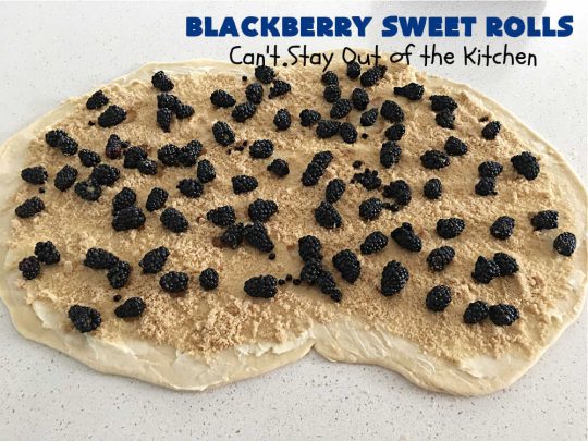 Blackberry Sweet Rolls | Can't Stay Out of the Kitchen | these luscious #SweetRolls are awesome! They're filled with #blackberries & glazed with a heavenly #ButtercreamIcing. Every bite will rock your world! Terrific for a weekend, company or #holiday #breakfast like #Thanksgiving or #Christmas. Plus, these are kneaded in the #breadmaker so they're so much easier than many #CinnamonRoll #recipes. #BlackberrySweetRolls