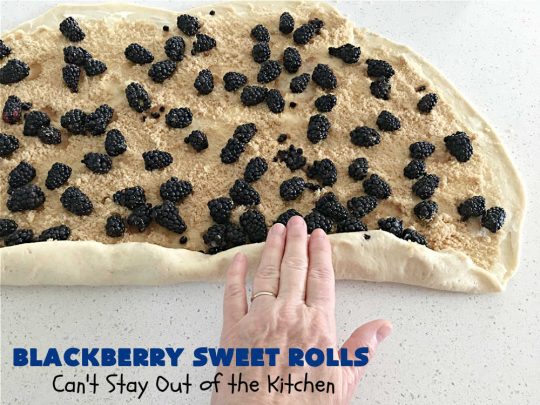 Blackberry Sweet Rolls | Can't Stay Out of the Kitchen | these luscious #SweetRolls are awesome! They're filled with #blackberries & glazed with a heavenly #ButtercreamIcing. Every bite will rock your world! Terrific for a weekend, company or #holiday #breakfast like #Thanksgiving or #Christmas. Plus, these are kneaded in the #breadmaker so they're so much easier than many #CinnamonRoll #recipes. #BlackberrySweetRolls