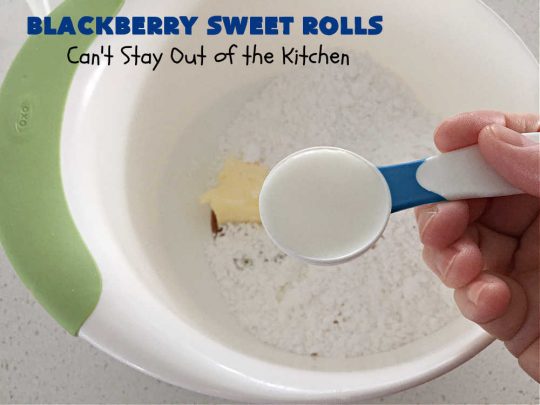 Blackberry Sweet Rolls | Can't Stay Out of the Kitchen | these luscious #SweetRolls are awesome! They're filled with #blackberries & glazed with a heavenly #ButtercreamIcing. Every bite will rock your world! Terrific for a weekend, company or #holiday #breakfast like #Thanksgiving or #Christmas. Plus, these are kneaded in the #breadmaker so they're so much easier than many #CinnamonRoll #recipes. #BlackberrySweetRolls
