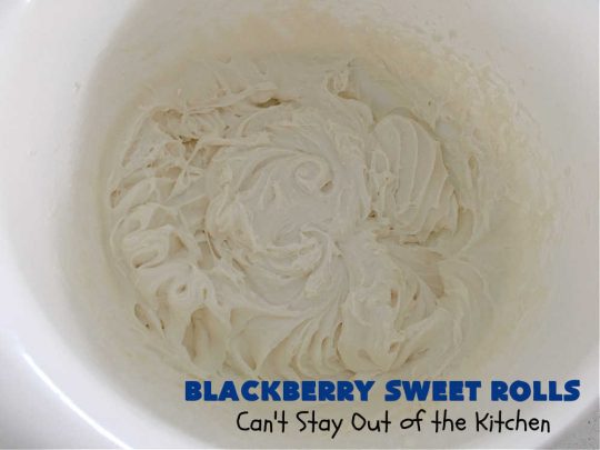 Blackberry Sweet Rolls | Can't Stay Out of the Kitchen | these luscious #SweetRolls are awesome! They're filled with #blackberries & glazed with a heavenly #ButtercreamIcing. Every bite will rock your world! Terrific for a weekend, company or #holiday #breakfast like #Thanksgiving or #Christmas. Plus, these are kneaded in the #breadmaker so they're so much easier than many #CinnamonRoll #recipes. #BlackberrySweetRolls