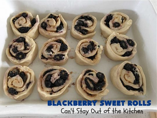 Blackberry Sweet Rolls | Can't Stay Out of the Kitchen | these luscious #SweetRolls are awesome! They're filled with #blackberries & glazed with a heavenly #ButtercreamIcing. Every bite will rock your world! Terrific for a weekend, company or #holiday #breakfast like #Thanksgiving or #Christmas. Plus, these are kneaded in the #breadmaker so they're so much easier than many #CinnamonRoll #recipes. #BlackberrySweetRolls