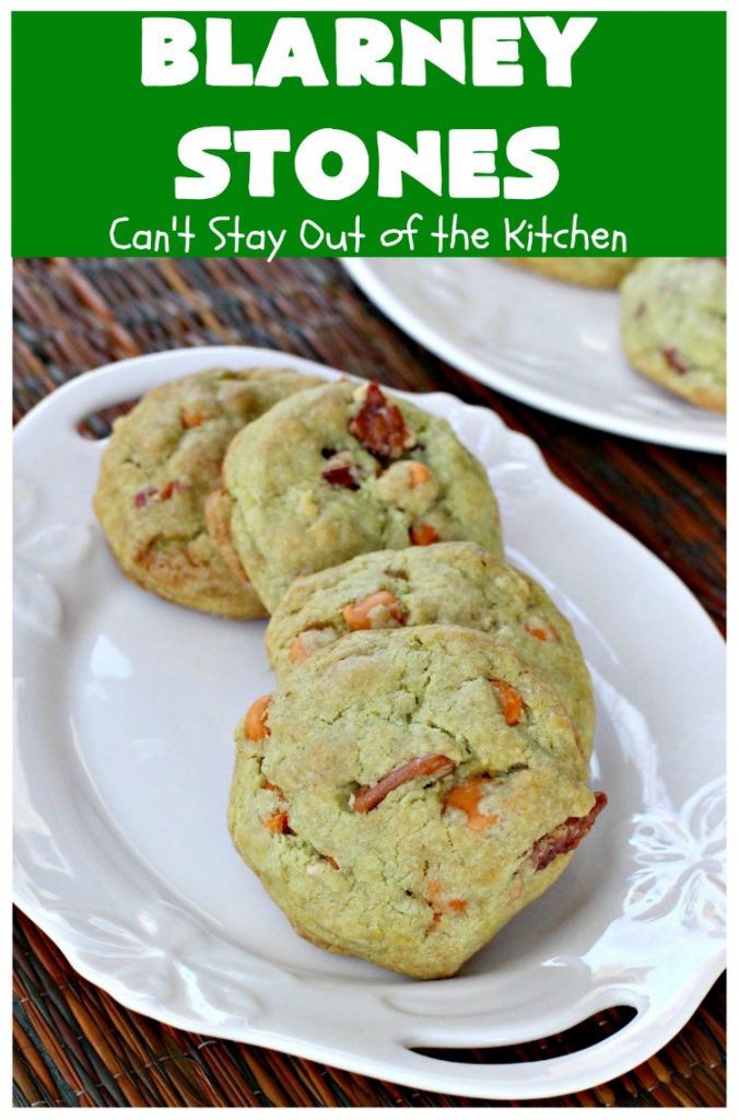 Blarney Stones | Can't Stay Out of the Kitchen | Enjoy the luck of the #Irish with these fantastic #cookies. They're made with #pecans, #PistachioPuddingMix, #AlmondExtract & #ButterscotchMorsels & are so mouthwatering. They are terrific for #tailgating or #holiday parties. #dessert #ChristmasCookieExchange #StPatricksDay #BlarneyStones