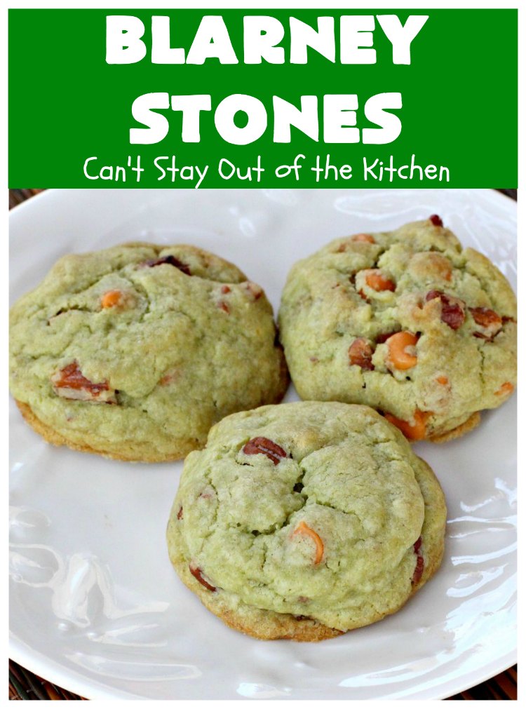 Blarney Stones | Can't Stay Out of the Kitchen | Enjoy the luck of the #Irish with these fantastic #cookies. They're made with #pecans, #PistachioPuddingMix, #AlmondExtract & #ButterscotchMorsels & are so mouthwatering. They are terrific for #tailgating or #holiday parties. #dessert #ChristmasCookieExchange #StPatricksDay #BlarneyStones