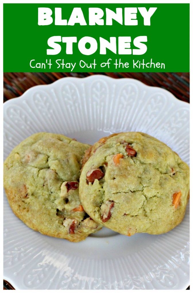 Blarney Stones | Can't Stay Out of the Kitchen | Enjoy the luck of the #Irish with these fantastic #cookies. They're made with #pecans, #PistachioPuddingMix, #AlmondExtract & #ButterscotchMorsels & are so mouthwatering. They are terrific for #tailgating or #holiday parties. #dessert #ChristmasCookieExchange #StPatricksDay #BlarneyStones