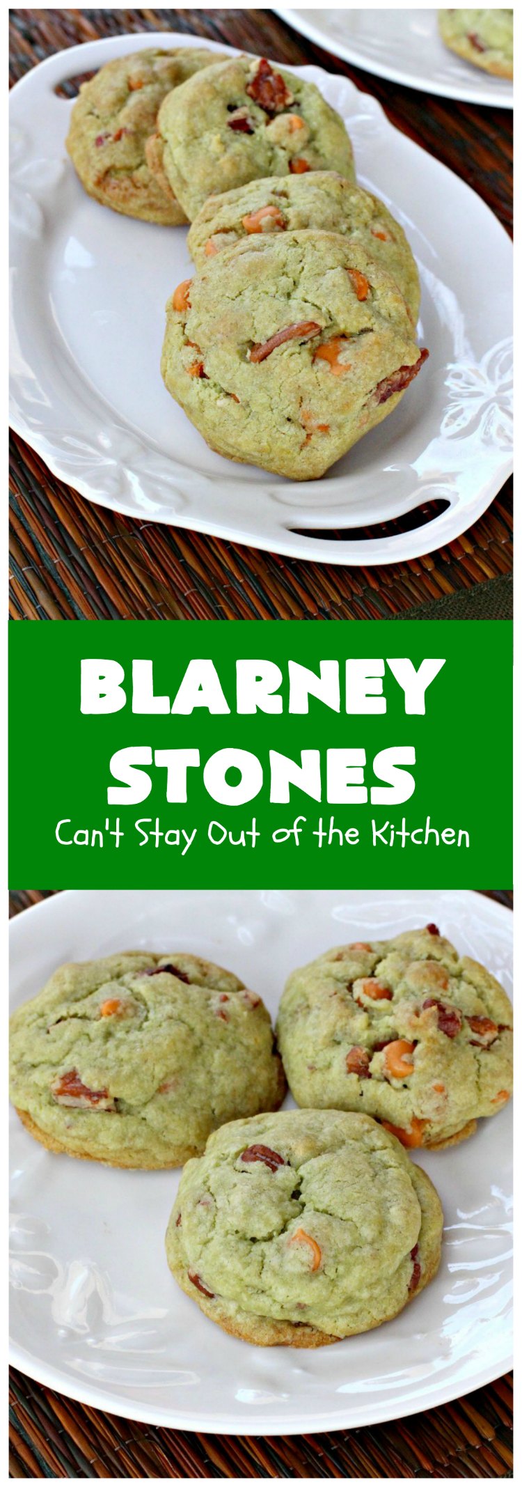 Blarney Stones | Can't Stay Out of the Kitchen | Enjoy the luck of the #Irish with these fantastic #cookies. They're made with #pecans, #PistachioPuddingMix, #AlmondExtract & #ButterscotchMorsels & are so mouthwatering. They are terrific for #tailgating or #holiday parties. #dessert #ChristmasCookieExchange #StPatricksDay #BlarneyStones 