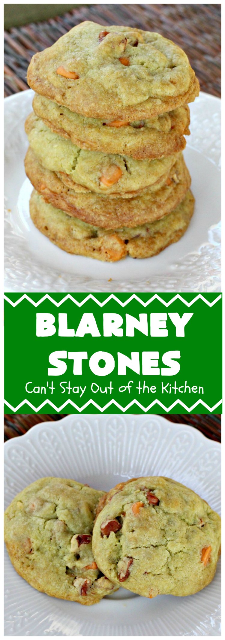 Blarney Stones | Can't Stay Out of the Kitchen | Enjoy the luck of the #Irish with these fantastic #cookies. They're made with #pecans, #PistachioPuddingMix, #AlmondExtract & #ButterscotchMorsels & are so mouthwatering. They are terrific for #tailgating or #holiday parties. #dessert #ChristmasCookieExchange #StPatricksDay #BlarneyStones