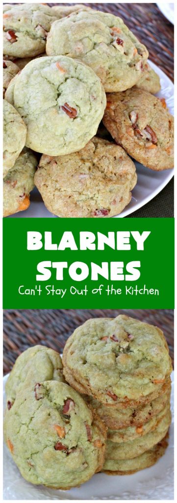 Blarney Stones | Can't Stay Out of the Kitchen | Enjoy the luck of the #Irish with these fantastic #cookies. They're made with #pecans, #PistachioPuddingMix, #AlmondExtract & #ButterscotchMorsels & are so mouthwatering. They are terrific for #tailgating or #holiday parties. #dessert #ChristmasCookieExchange #StPatricksDay #BlarneyStones