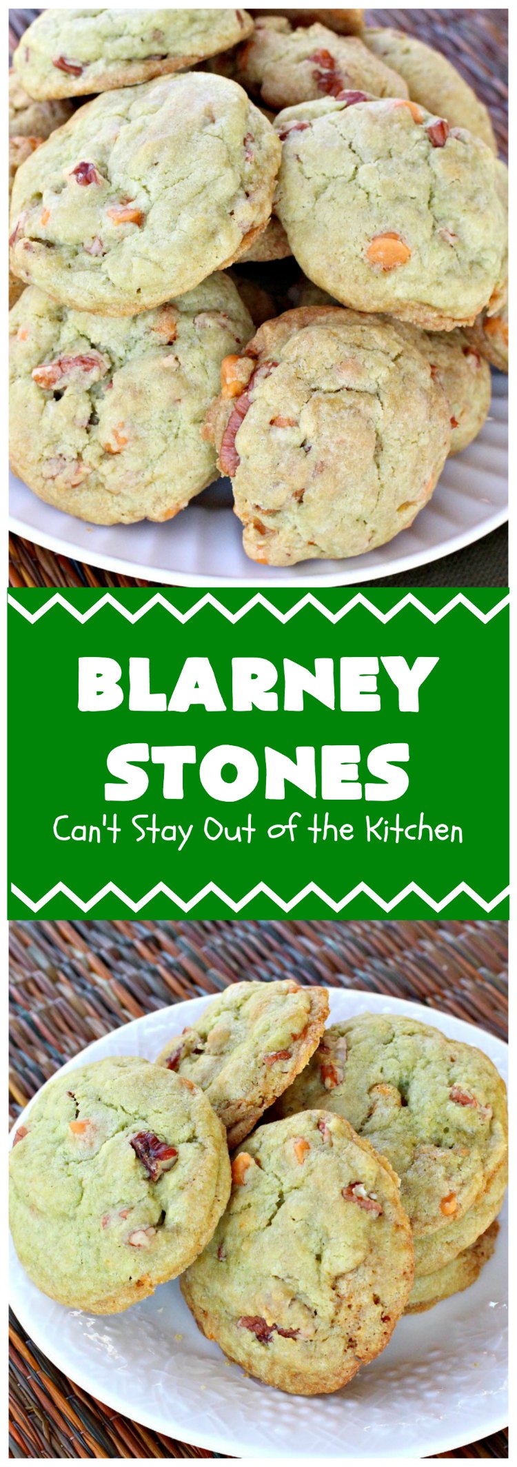 Blarney Stones | Can't Stay Out of the Kitchen | Enjoy the luck of the #Irish with these fantastic #cookies. They're made with #pecans, #PistachioPuddingMix, #AlmondExtract & #ButterscotchMorsels & are so mouthwatering. They are terrific for #tailgating or #holiday parties. #dessert #ChristmasCookieExchange #StPatricksDay #BlarneyStones